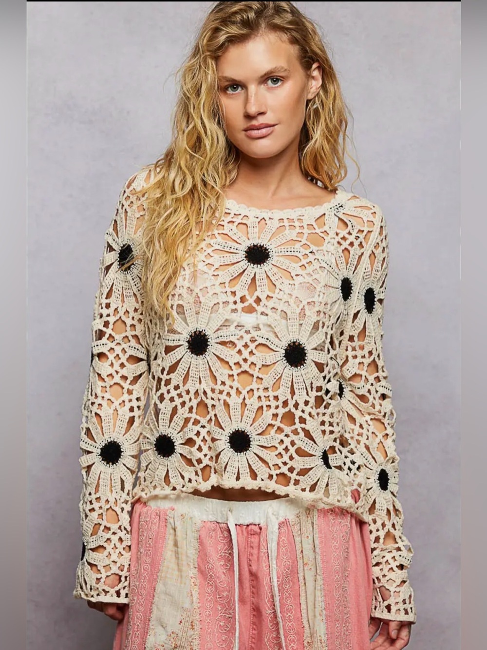 POL black white lace crochet eyelet patchwork floral pullover tunic top blouse